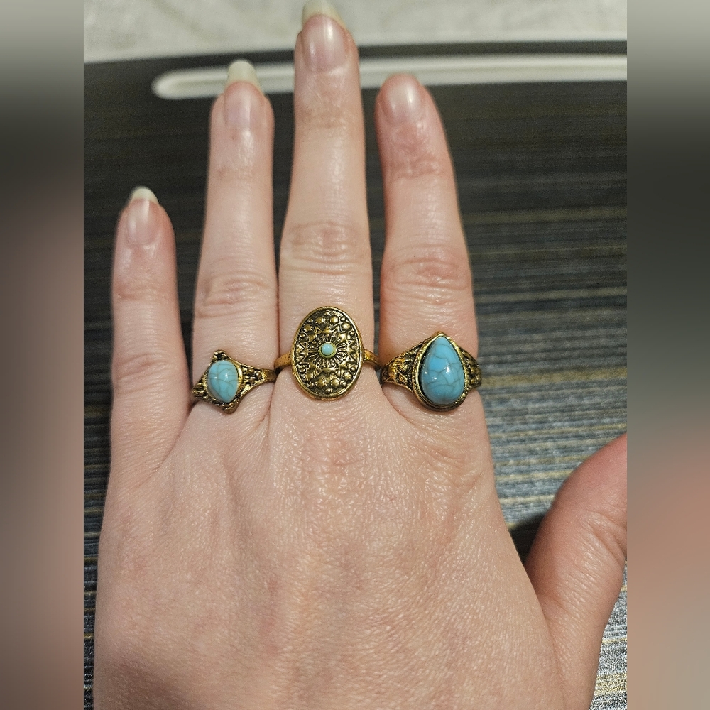 Gold And Turquoise Stacking Ring Set - image 1